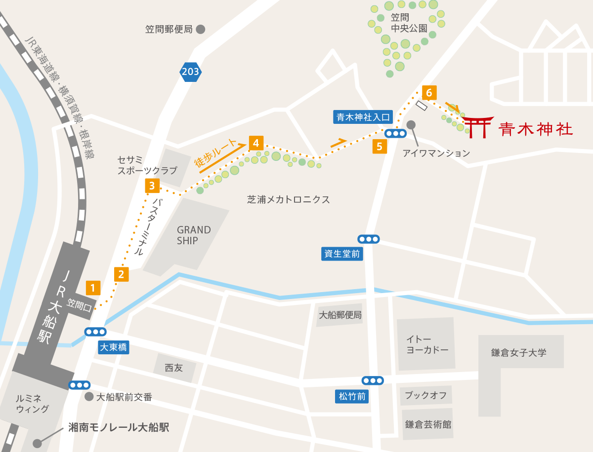 青木神社への徒歩ルート